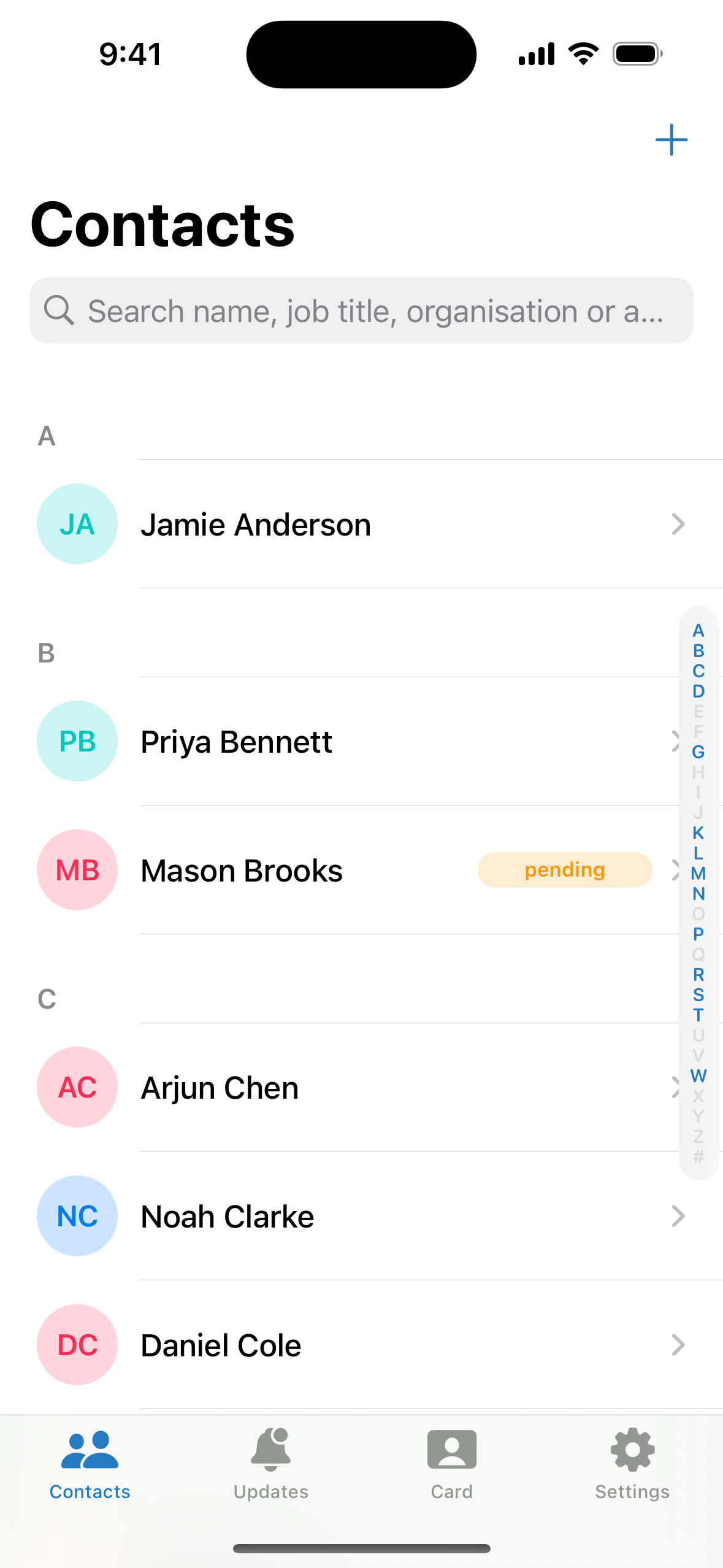 Qooee Contacts contact list on iPhone