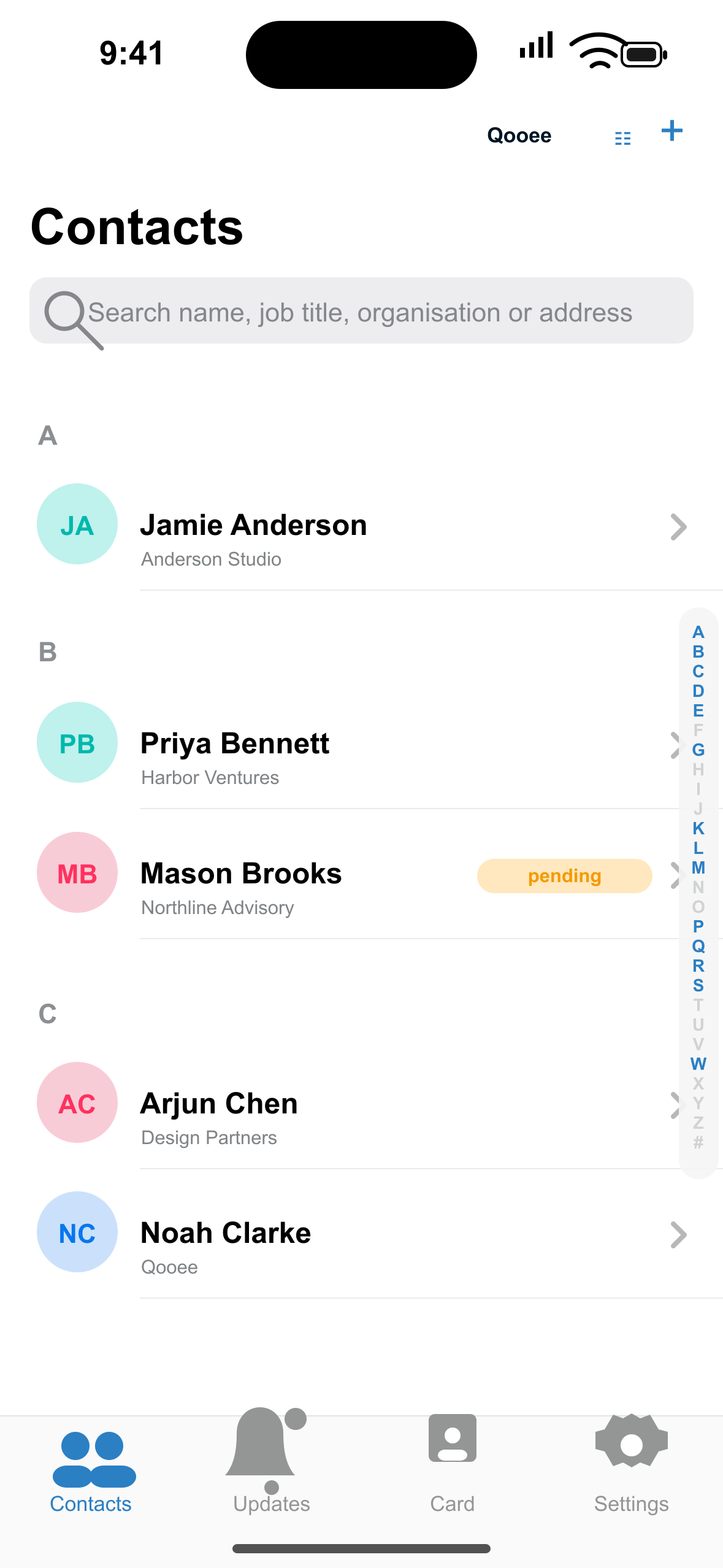 Qooee Contacts contact list on iPhone