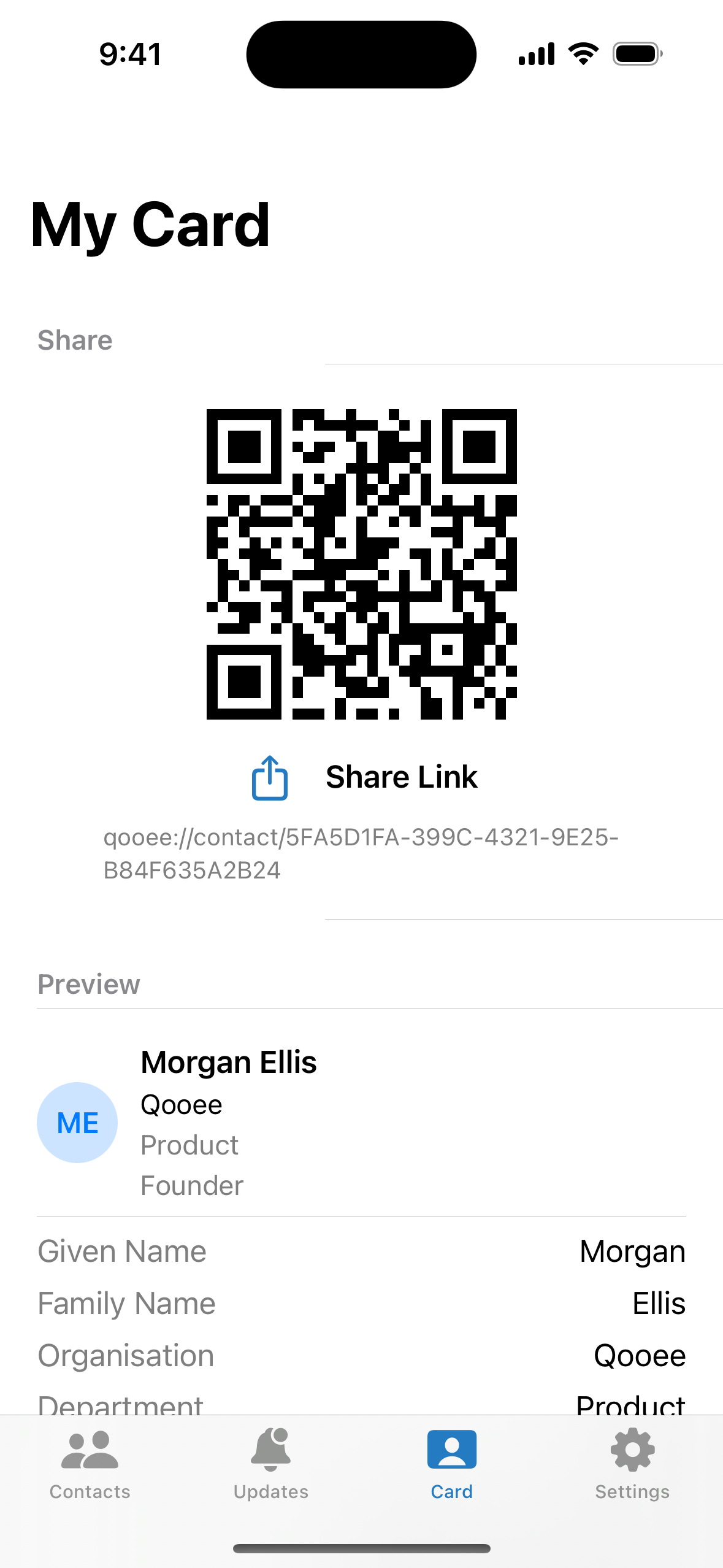 Qooee Contacts My Card screen on iPhone